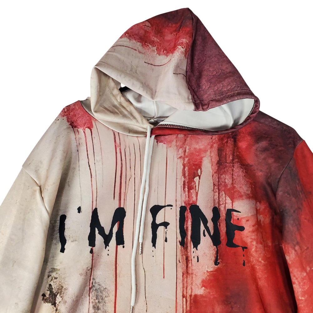 Im Fine Blood Splatter Graphic Hoodie Horror Halloween Pullover Red White 2XL